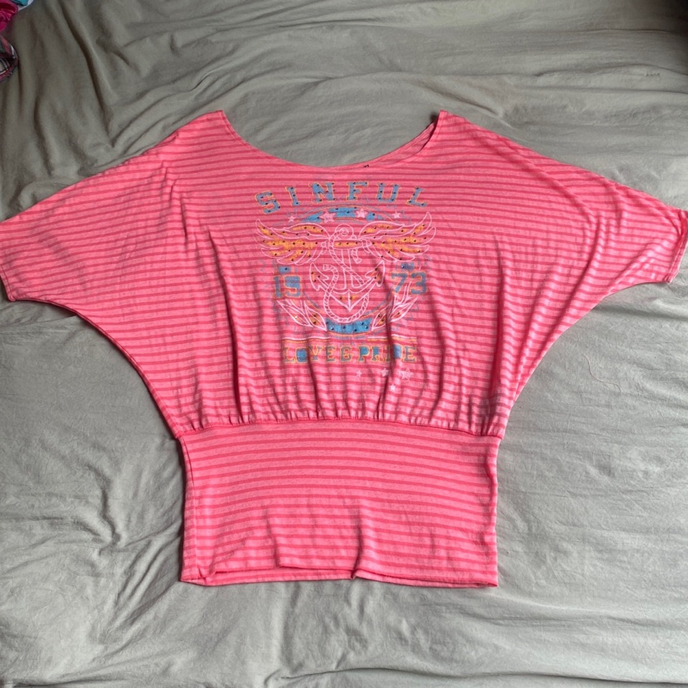 Sinful Pink Striped Short Sleeve T-Shirt — Size Small!!